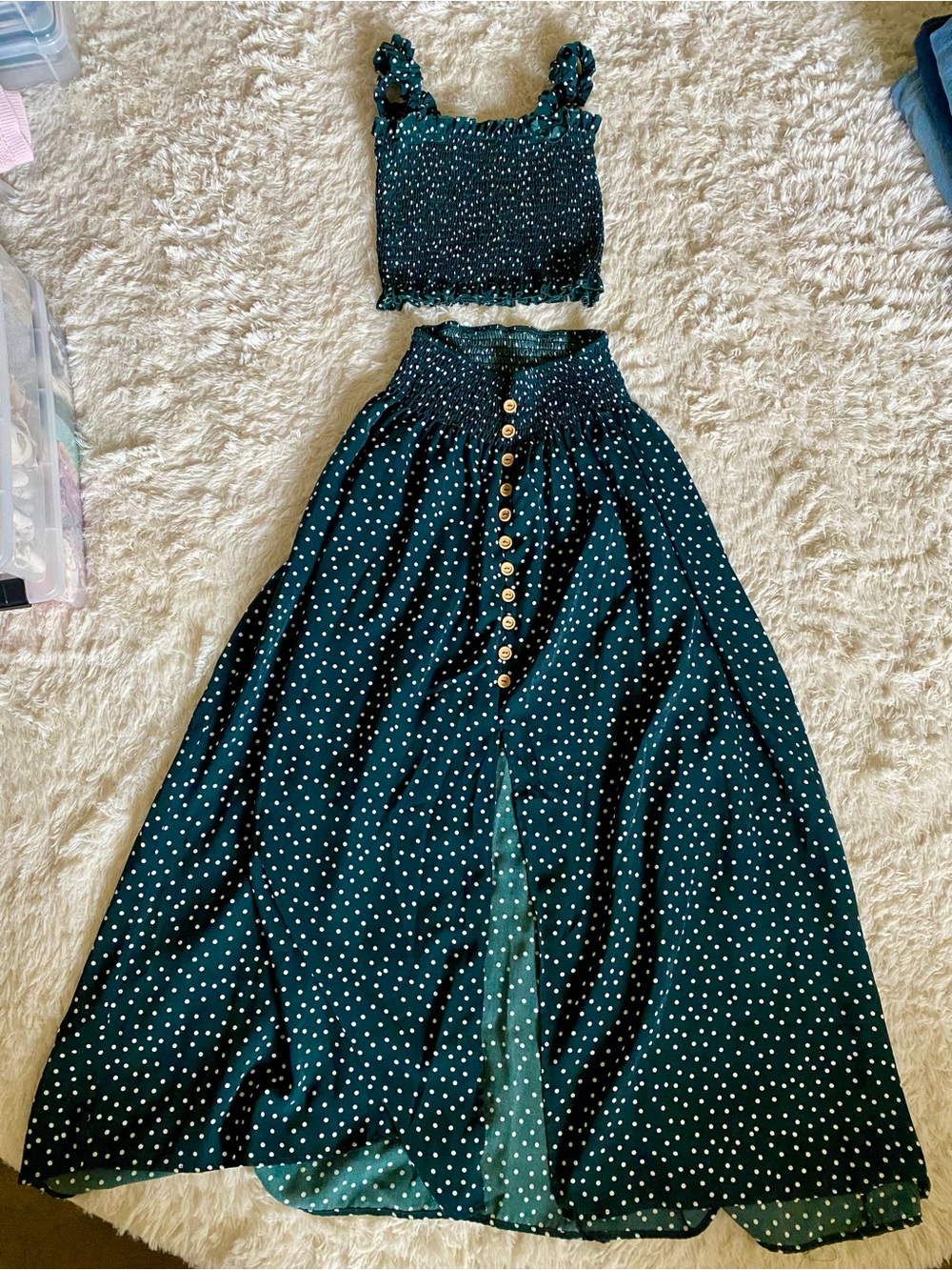 Polka Dot Maxi Skirt and Top Set in Dark Green